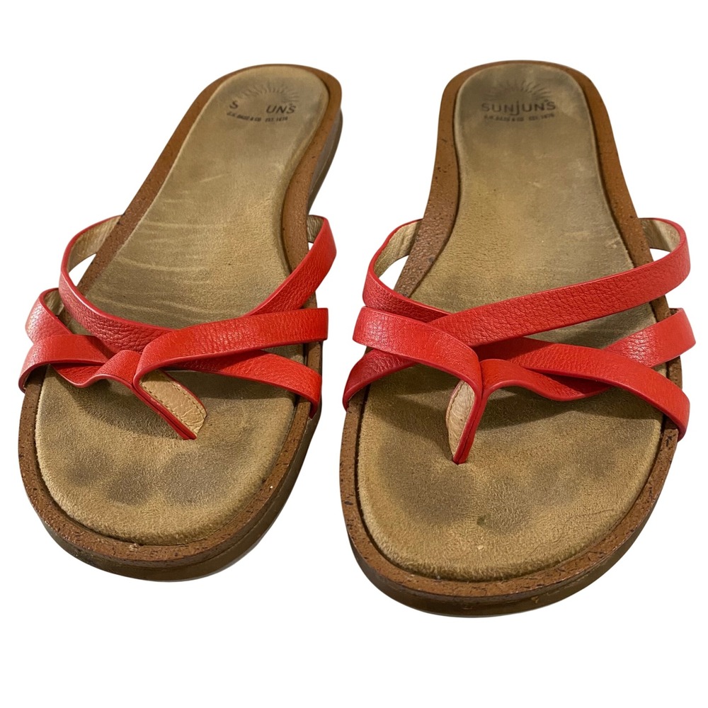 Vtg 80s 90s GH Bass Sunjuns Sharon Red Leather Strappy Slip On Sandals Size 10
